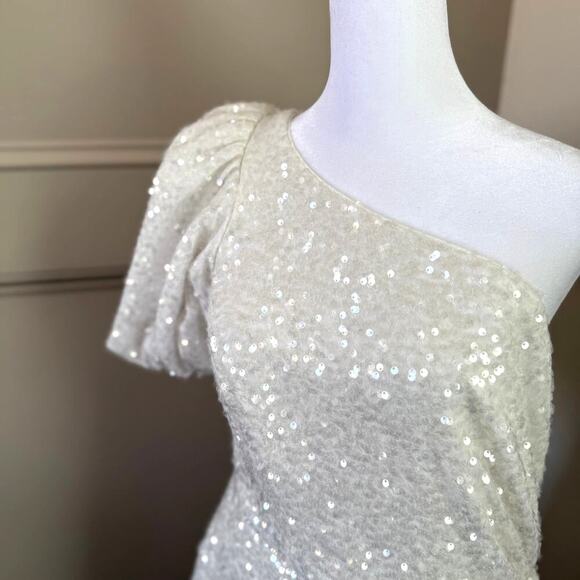 NWT Sachin & Babi Dova Puffed One-Shoulder Sequin Bow Wrap Mini Dress Sz 8 - Picture 5 of 10